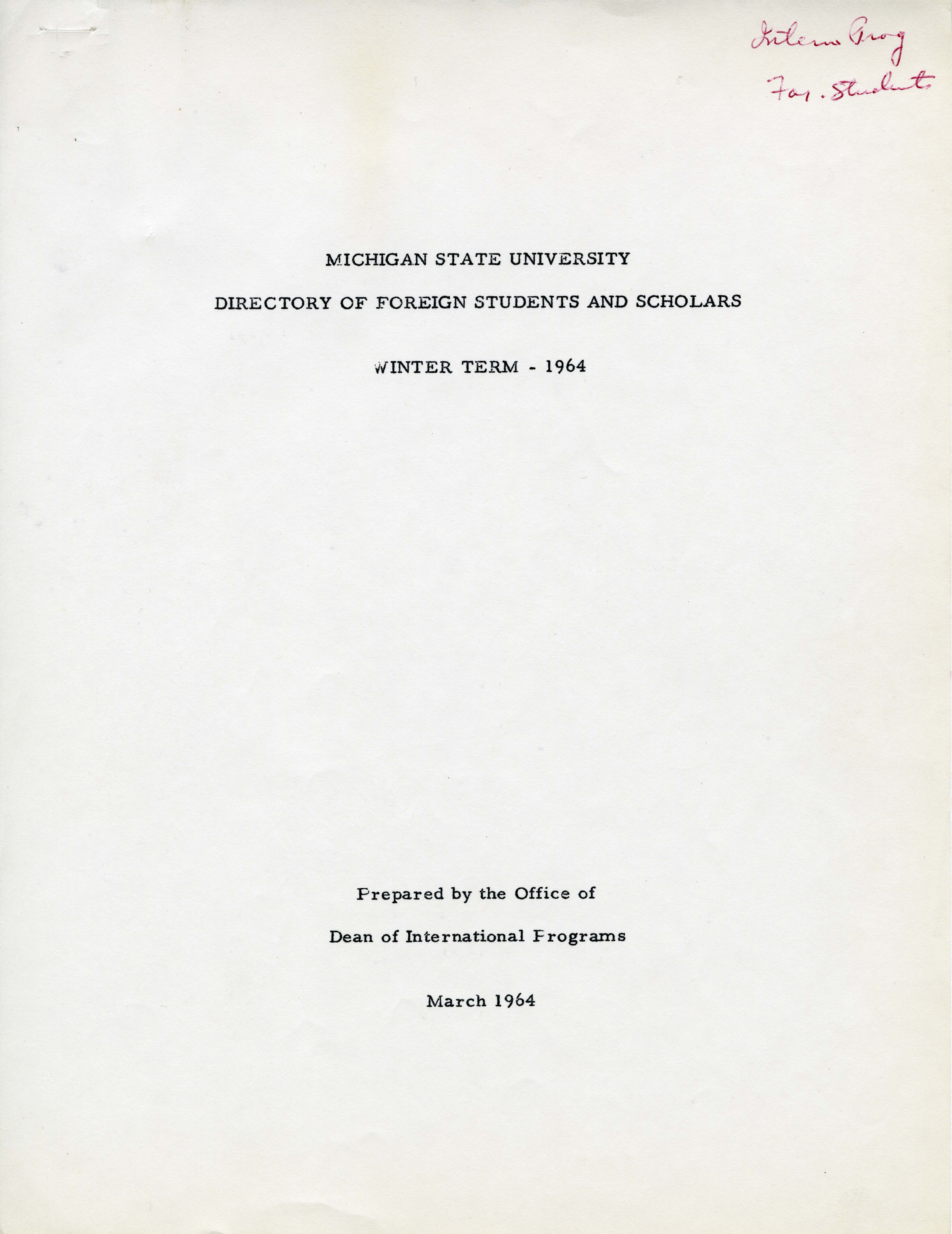 1964 (Winter) International Students and Scholars Directory