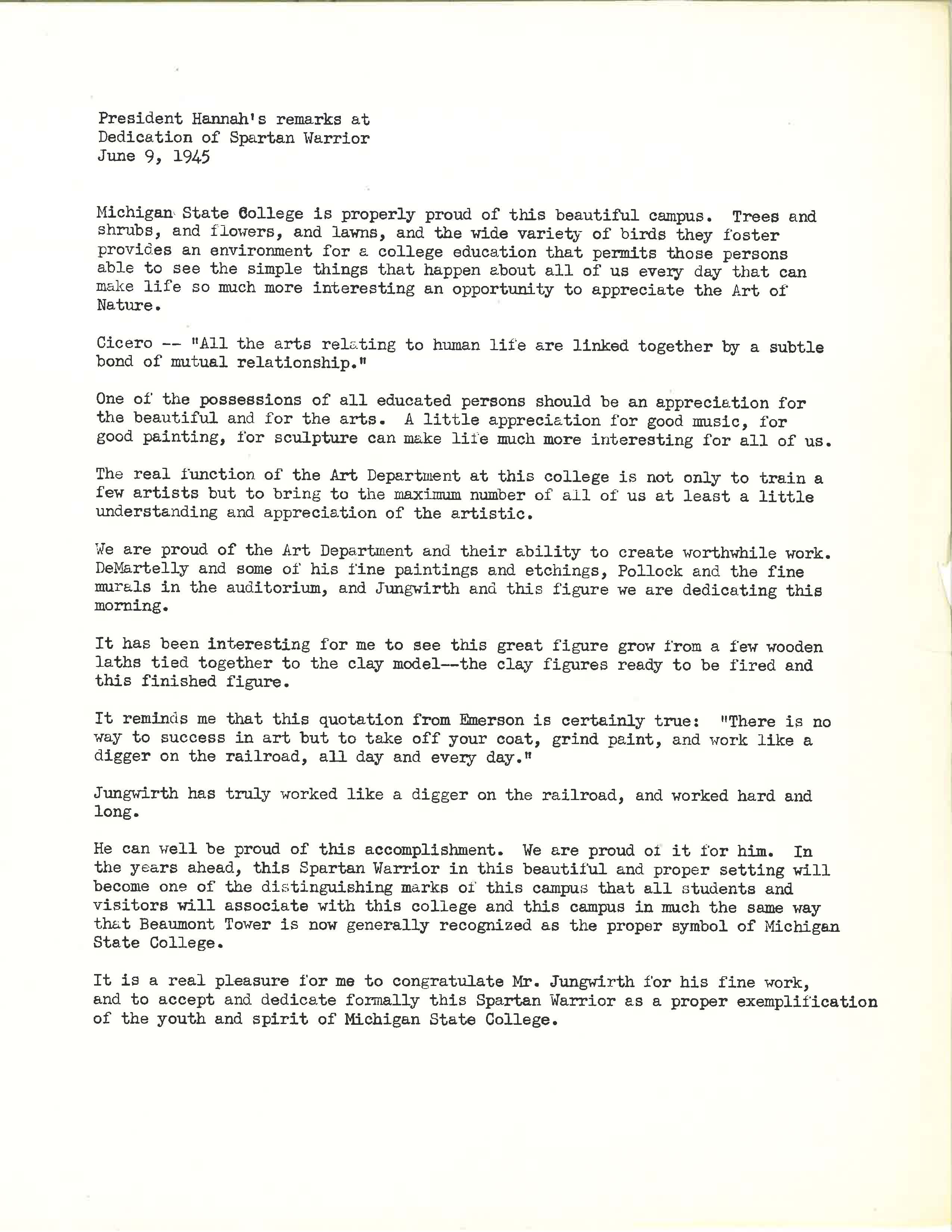 President Hannah's Remarks at the dedication of the Spartan Statue, 1945