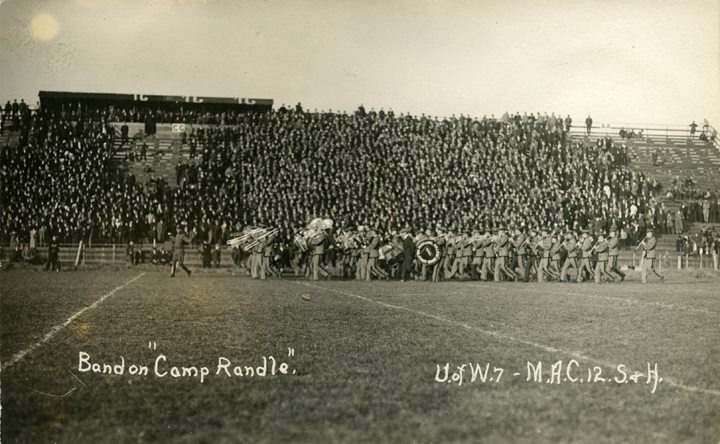 Marching band playing at a University of Wisconsin vs. M.A.C. football game