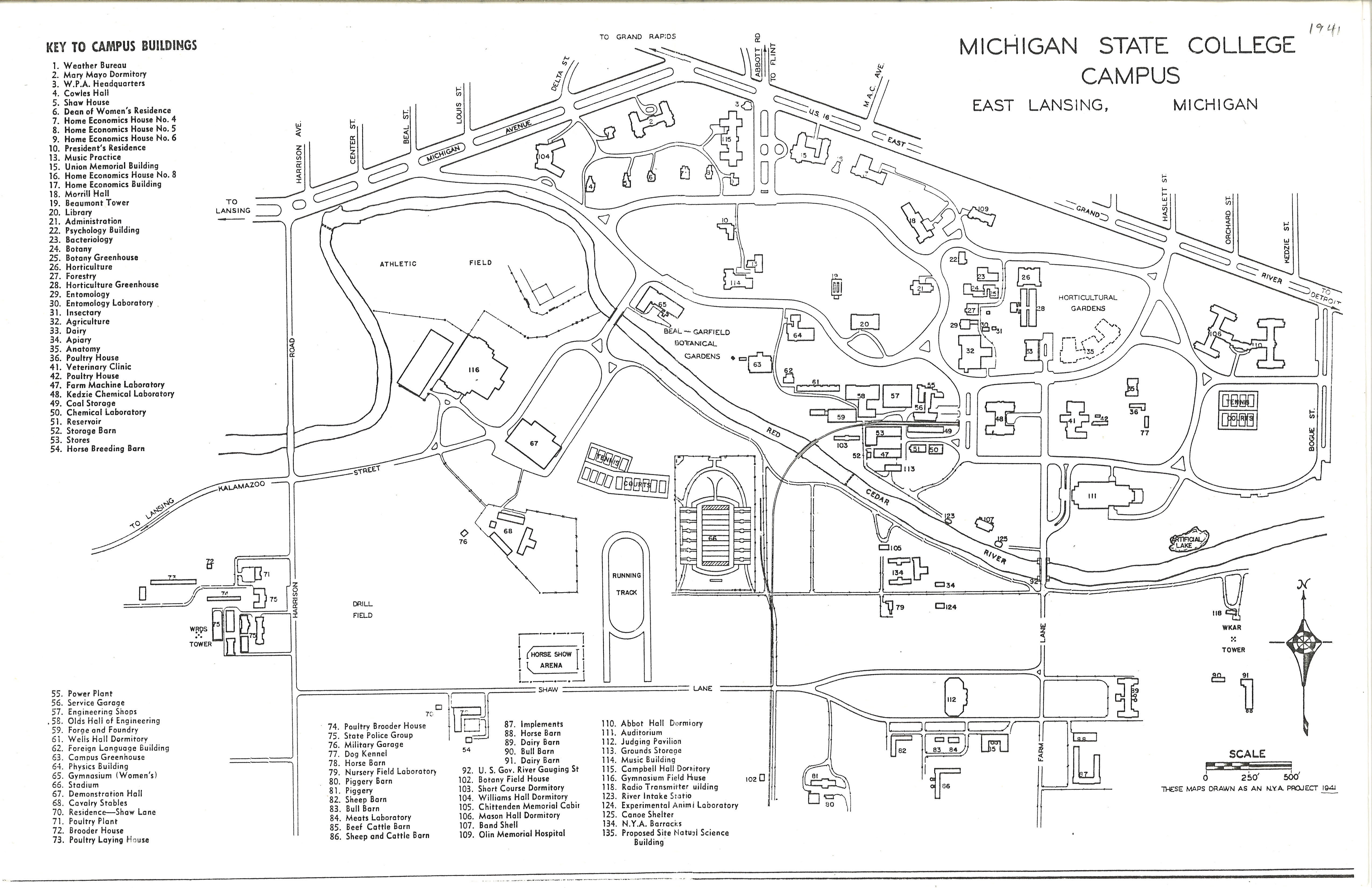 Michigan State College campus map, 1941