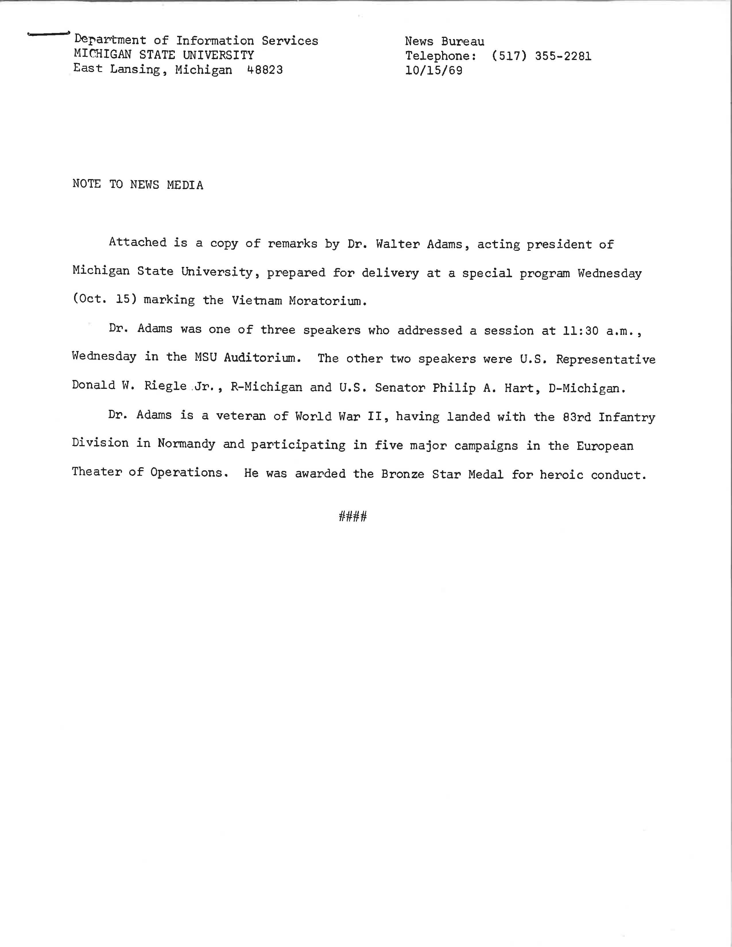 Vietnam Moratorium Walter Adams Remarks
