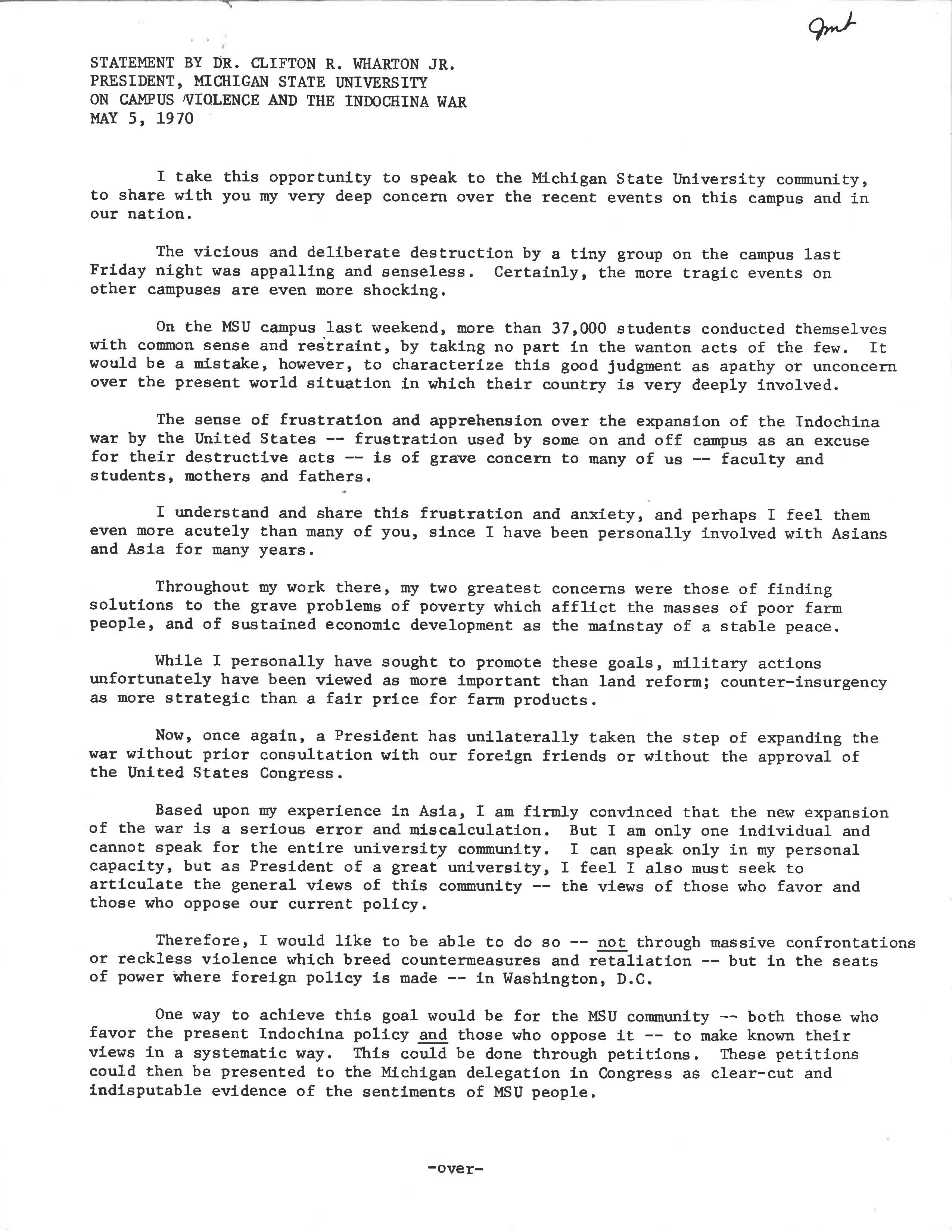 Vietnam War Statement from President Wharton