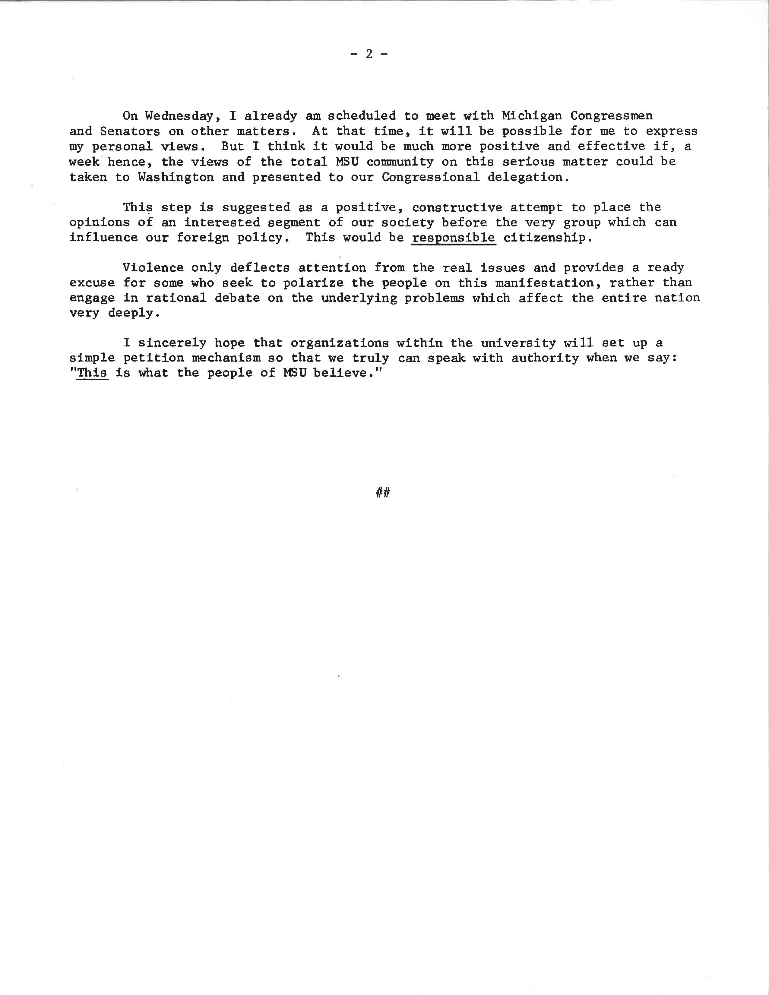 Vietnam War Statement from President Wharton, Page 2