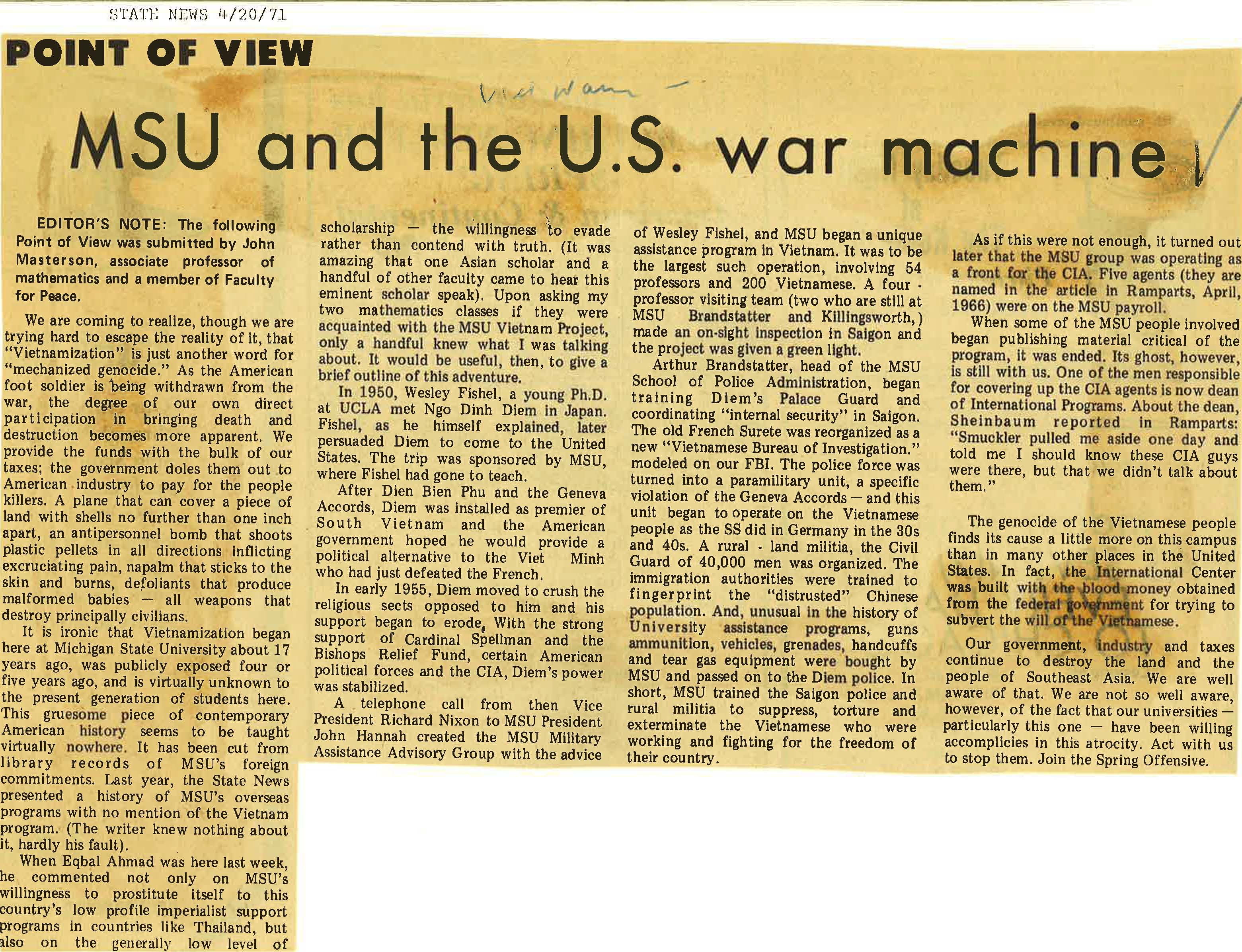 "MSU and the U.S. War Machine"