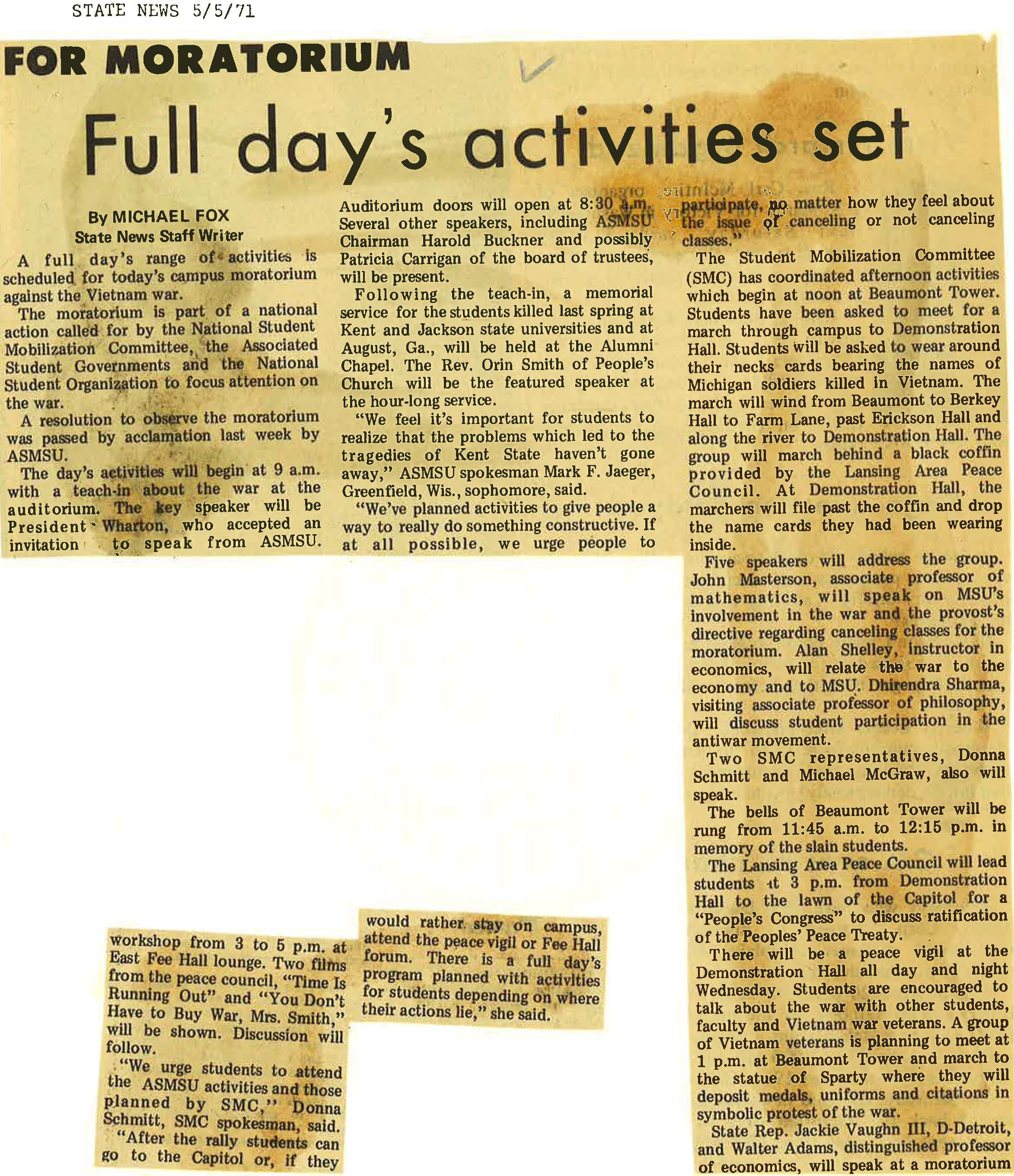 "Full Day's Activities Set for Moratorium"