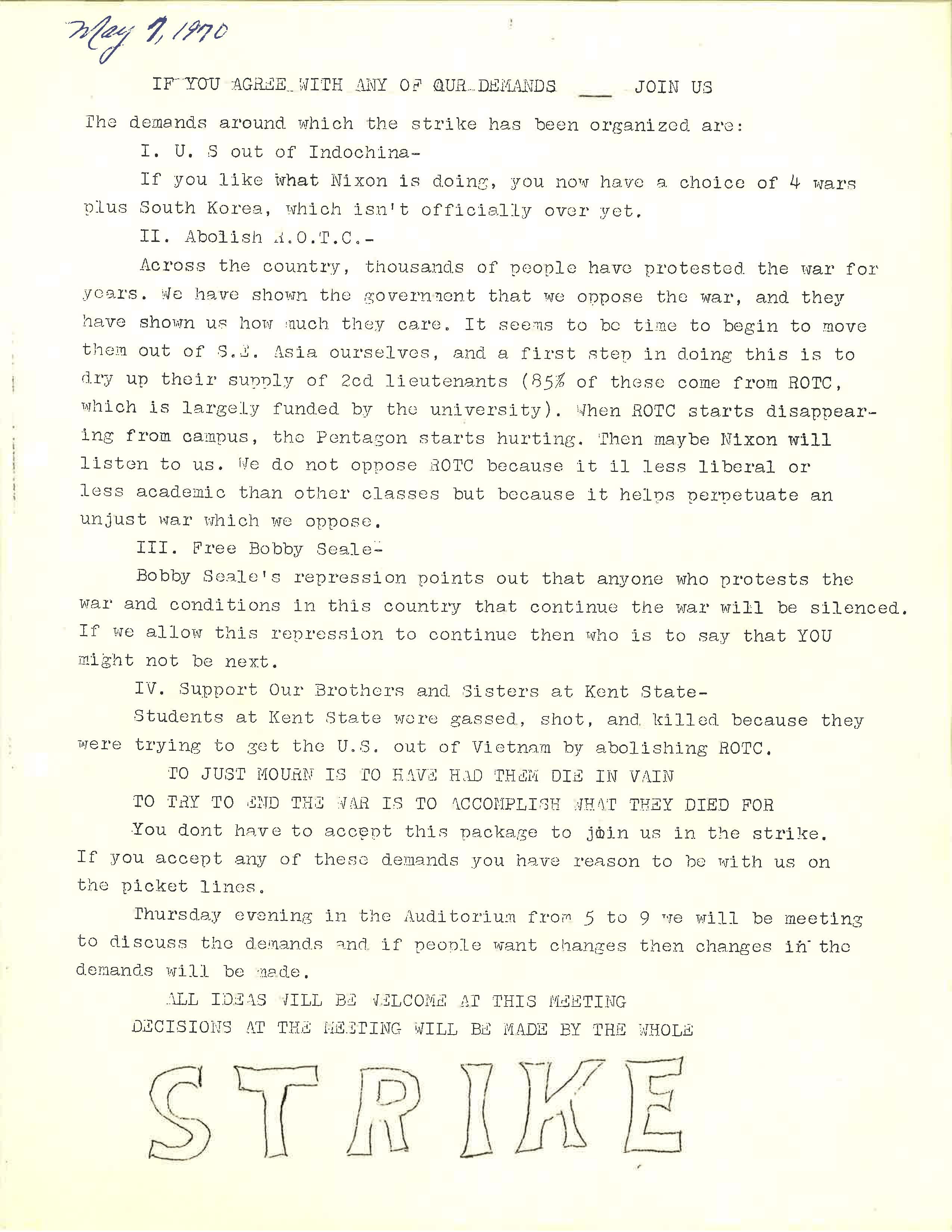 1970 Student Strike Demands Leaflet