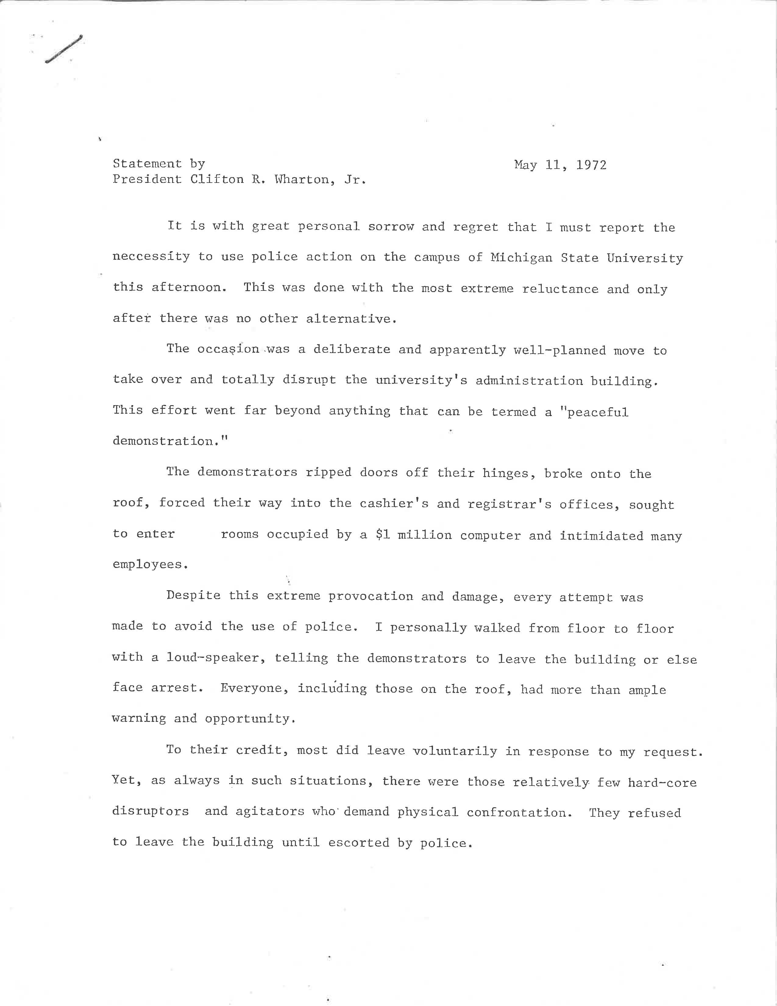 President Wharton Statement