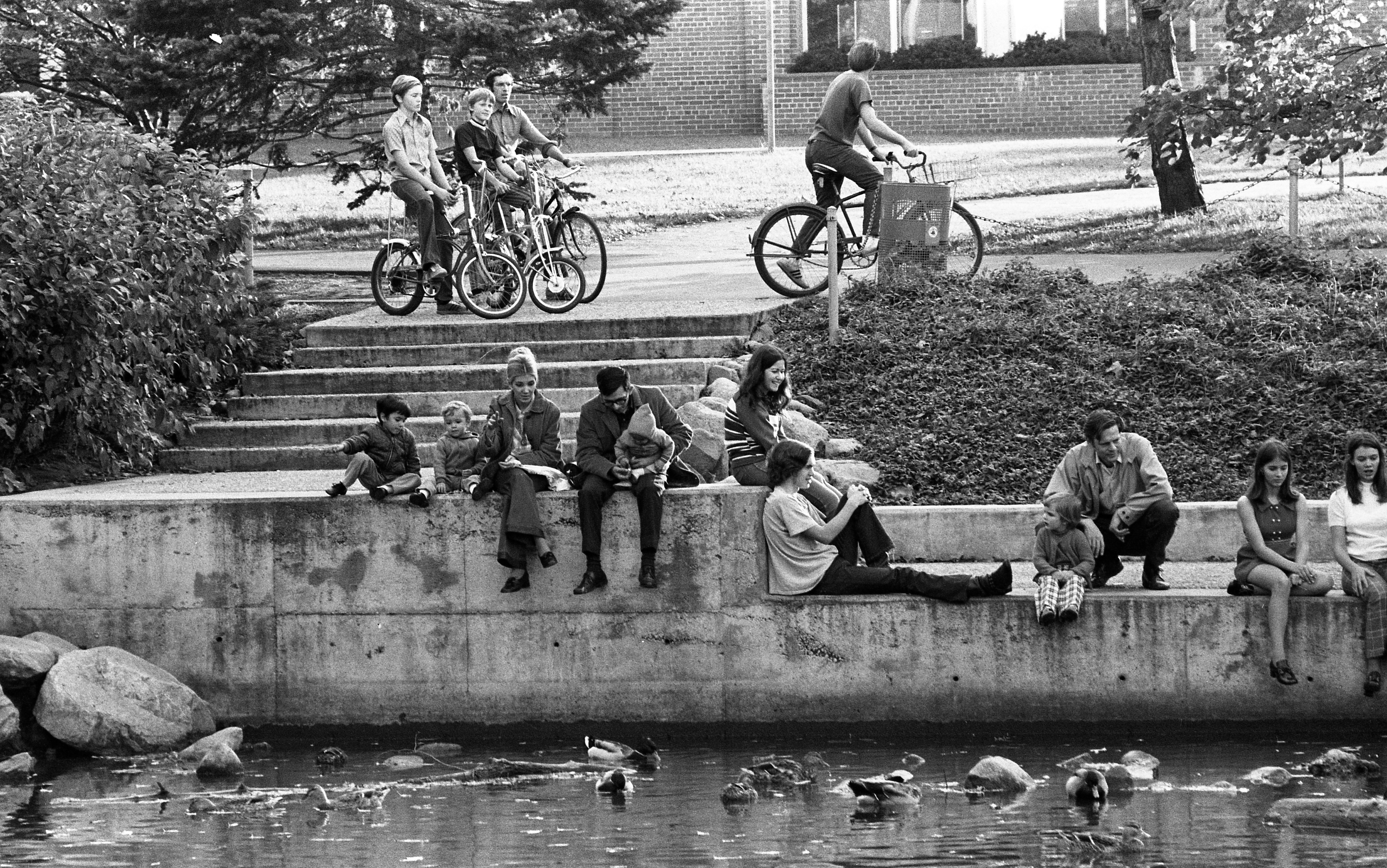 People observing ducks on the Red Cedar River on a Saturday afternoon