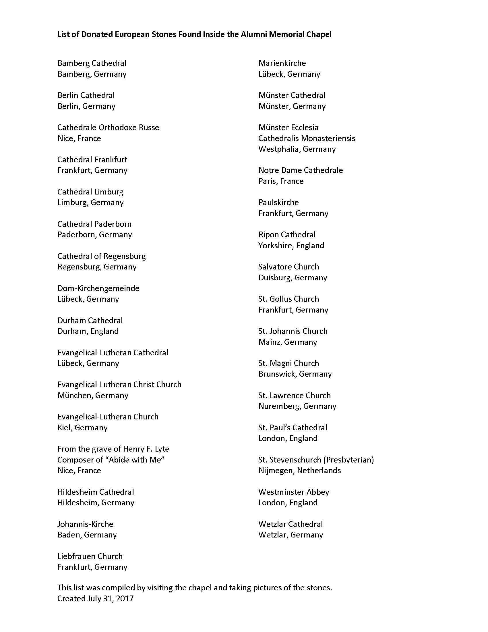 List of Donated European Stones Found Inside the Alumni Memorial Chapel