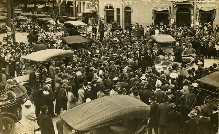Crowd greeting Governor Ferris after a University of Michigan vs. M.A.C. football game, 1913