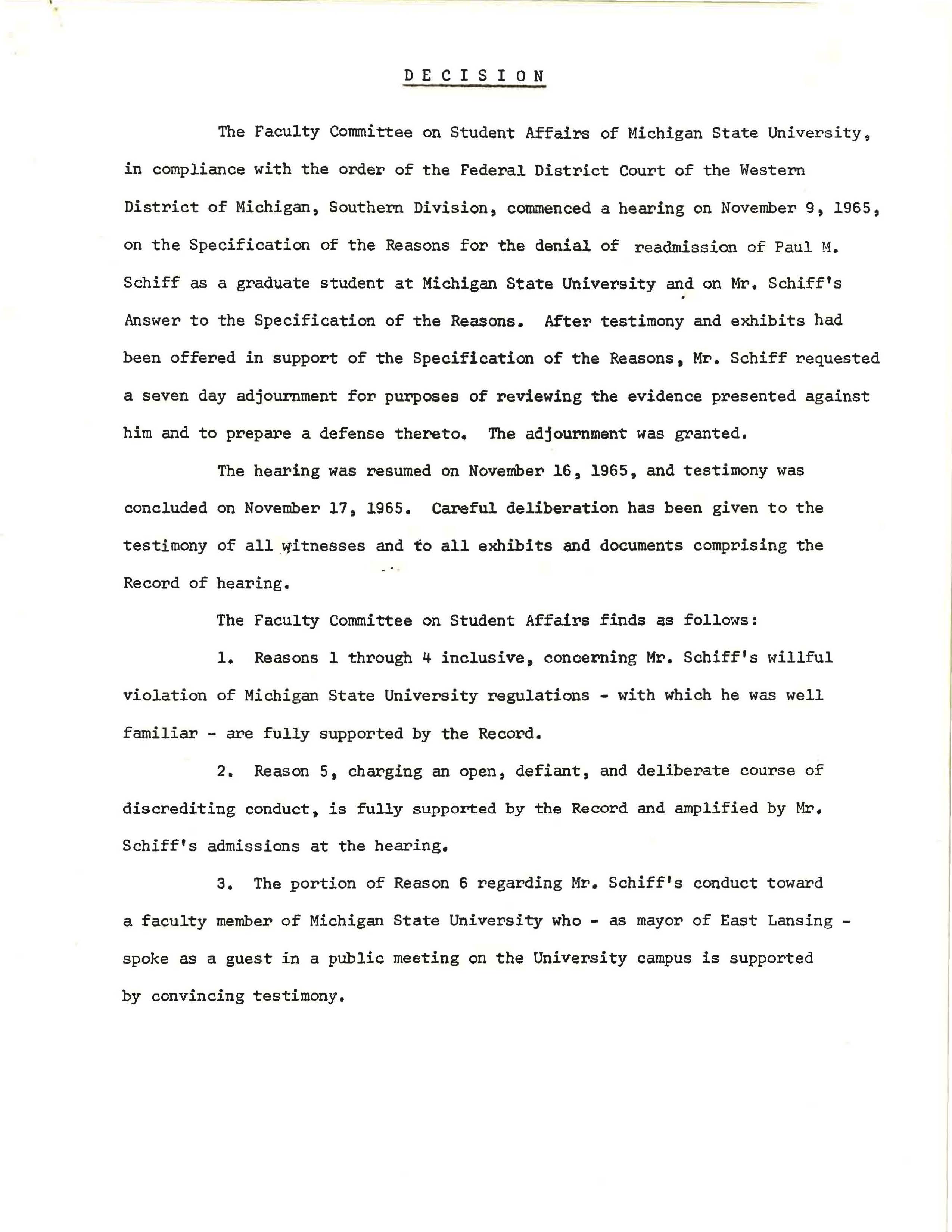 Faculty Committee on Student Affairs decision, 1965