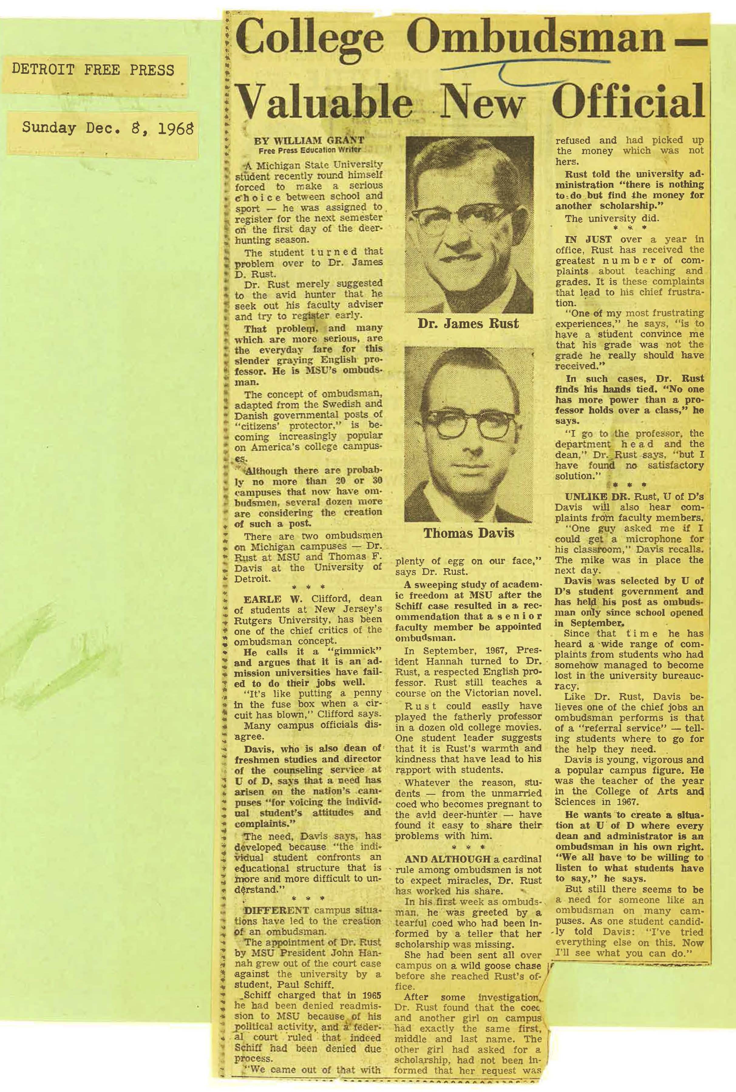 "College Ombudsman - Valuable New Official," 1968