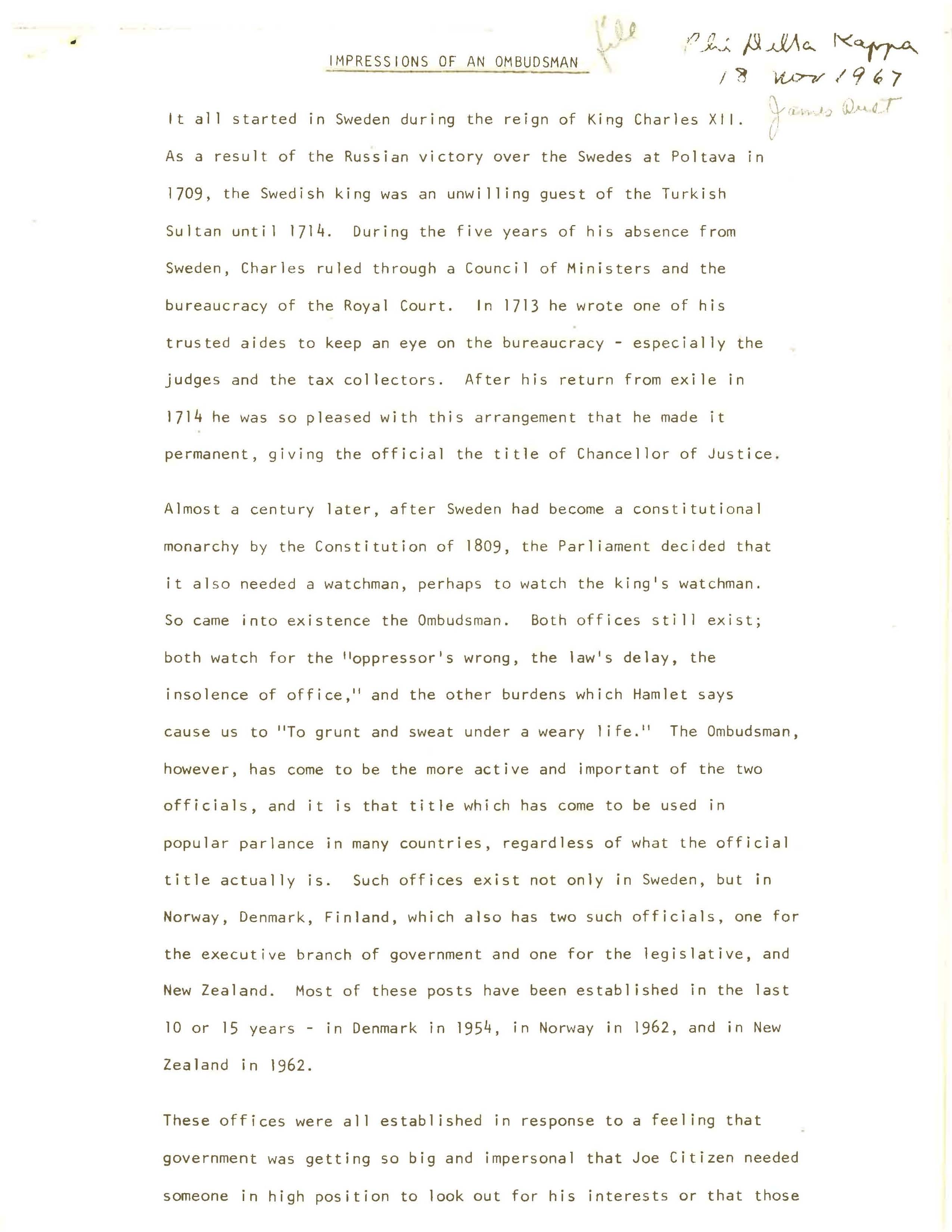 "Impressions of an Ombudsman," 1967