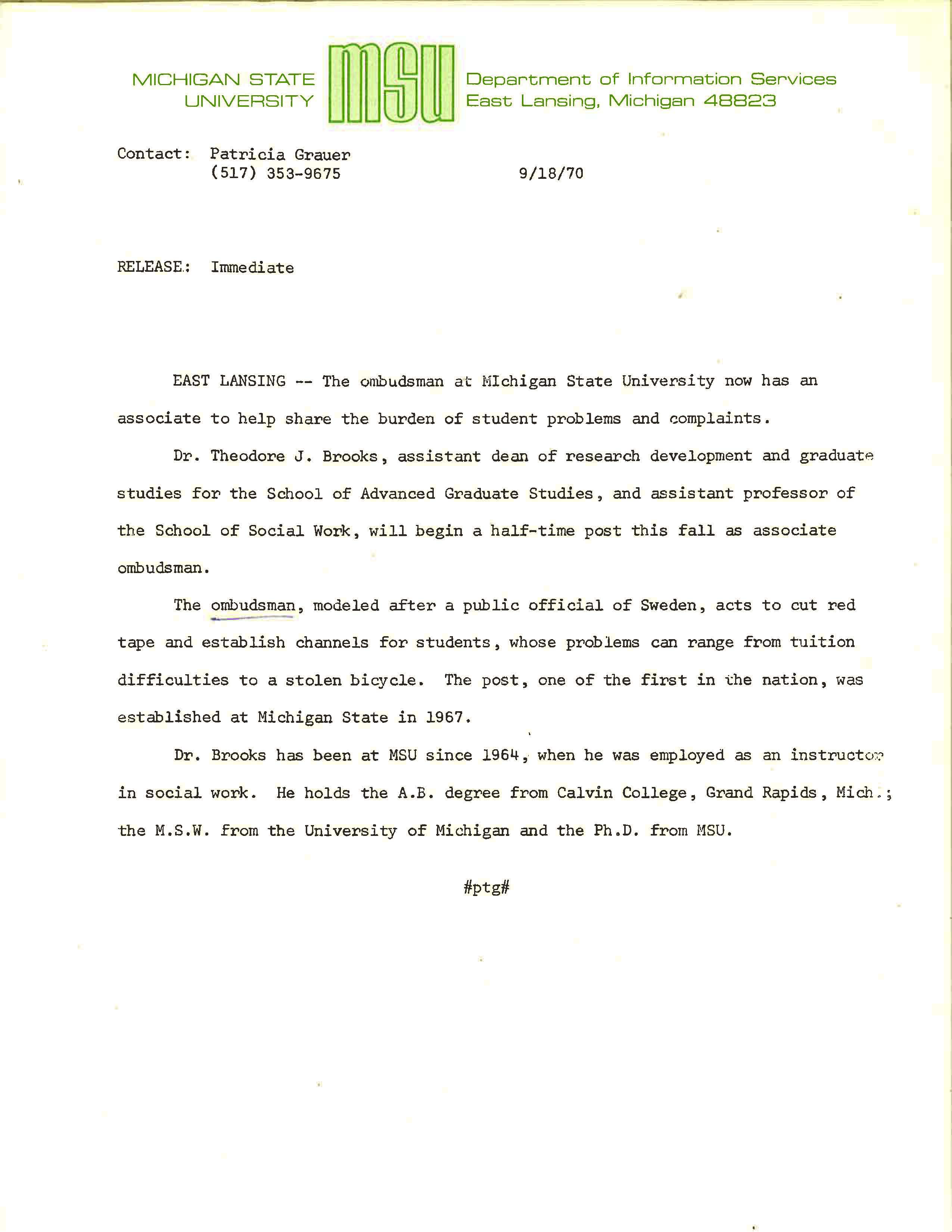 Theodore Brooks appointed associate ombudsman, 1970
