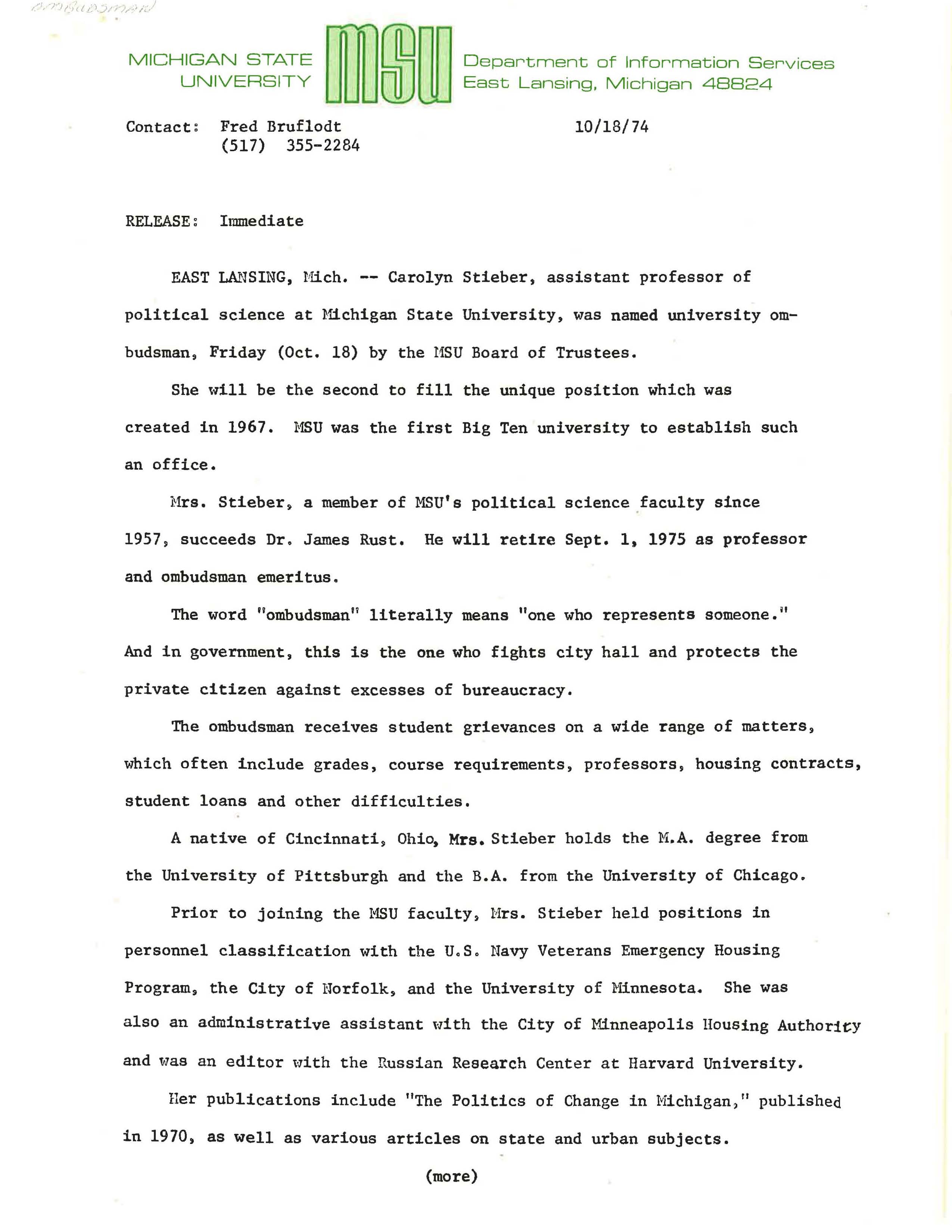 Carolyn Stieber appointed University Ombudsman, 1974