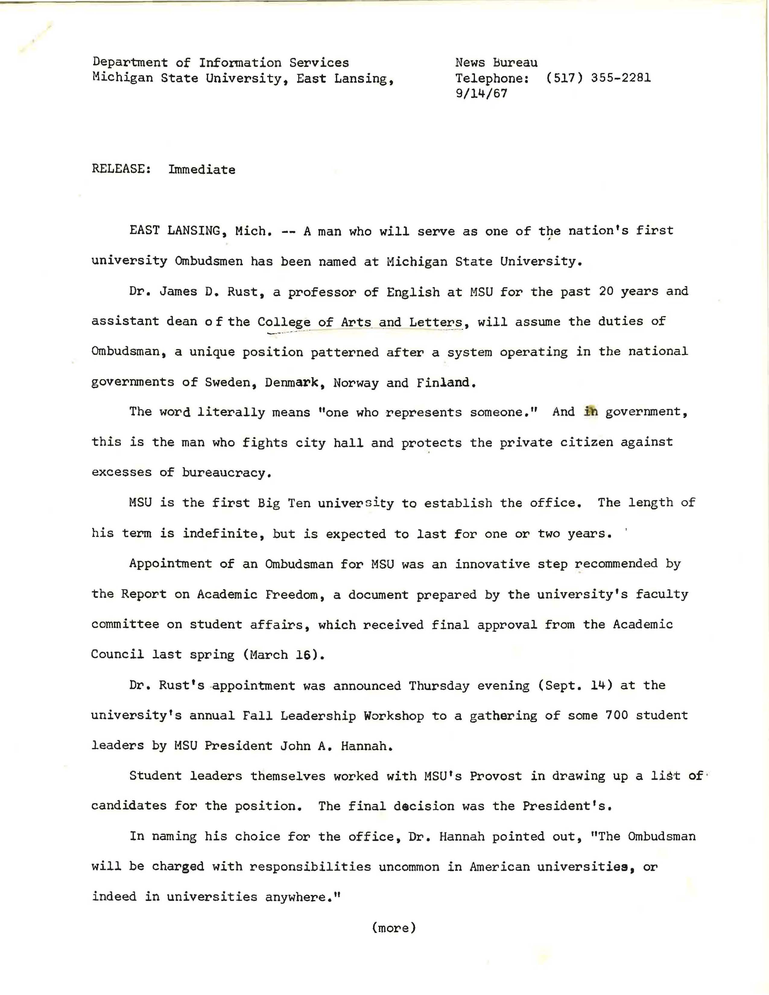 James Rust appointed ombudsman, 1967
