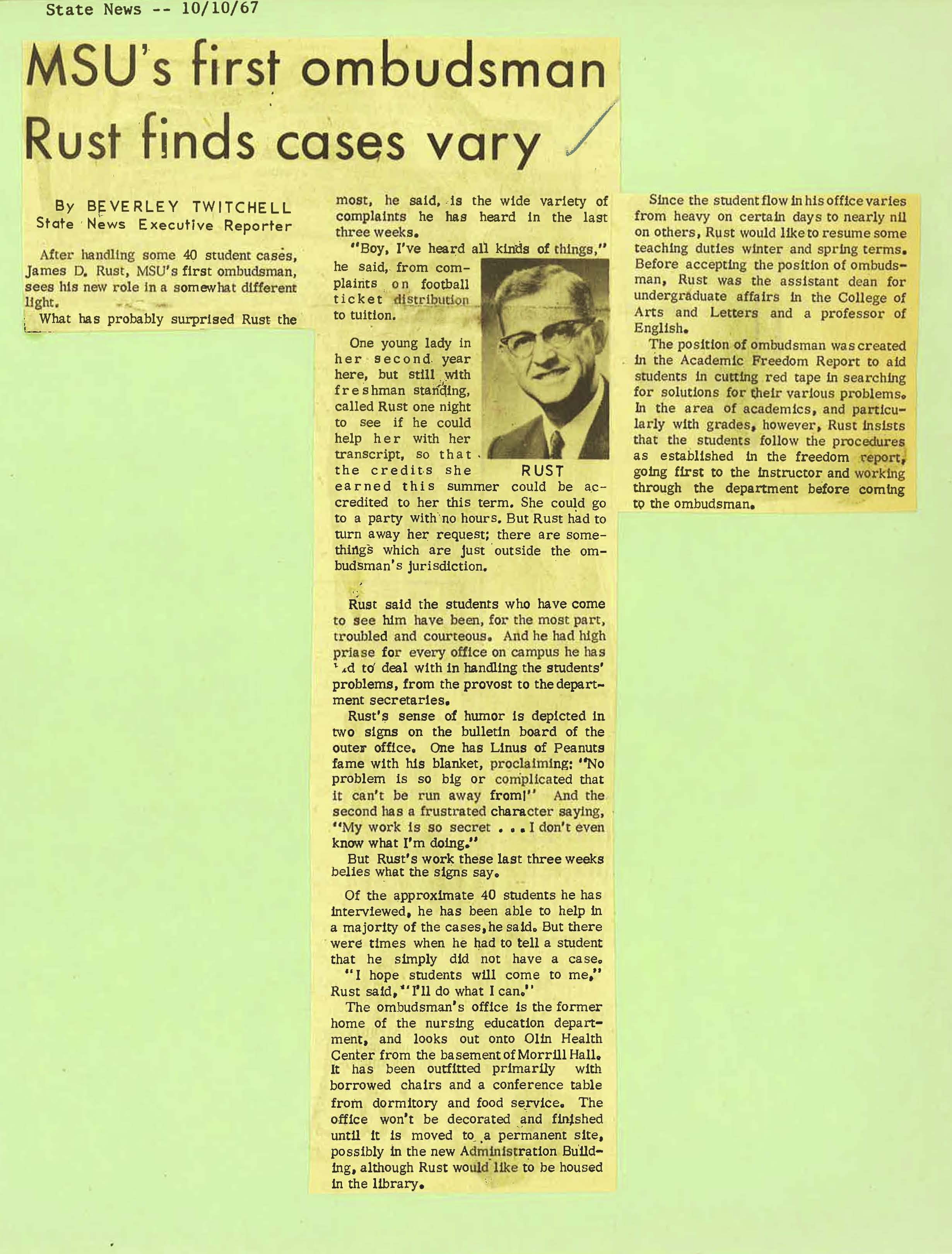 "MSU's first ombudsman Rust finds cases vary," 1967