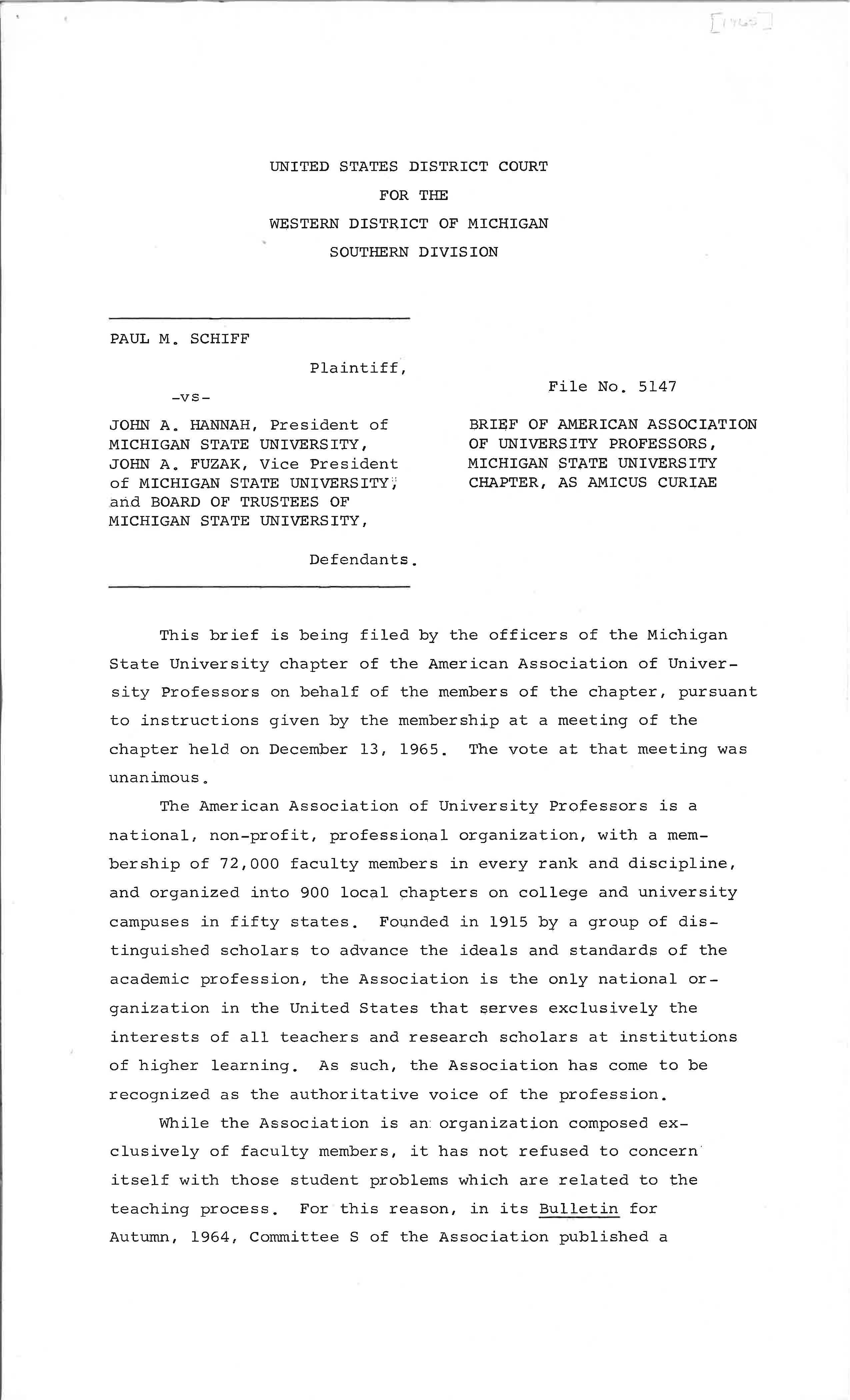 Brief of American Association of University Professors, MSU, 1965