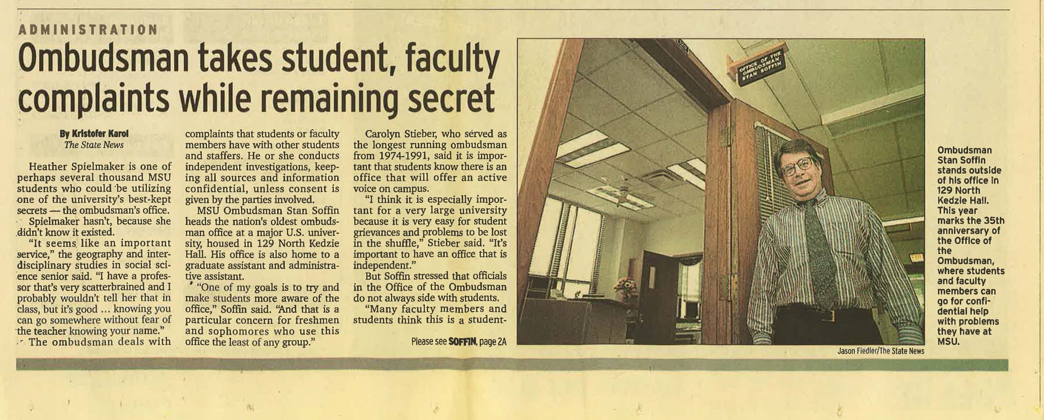 "Ombudsman takes student, faculty complaints while remaining secret," 2002