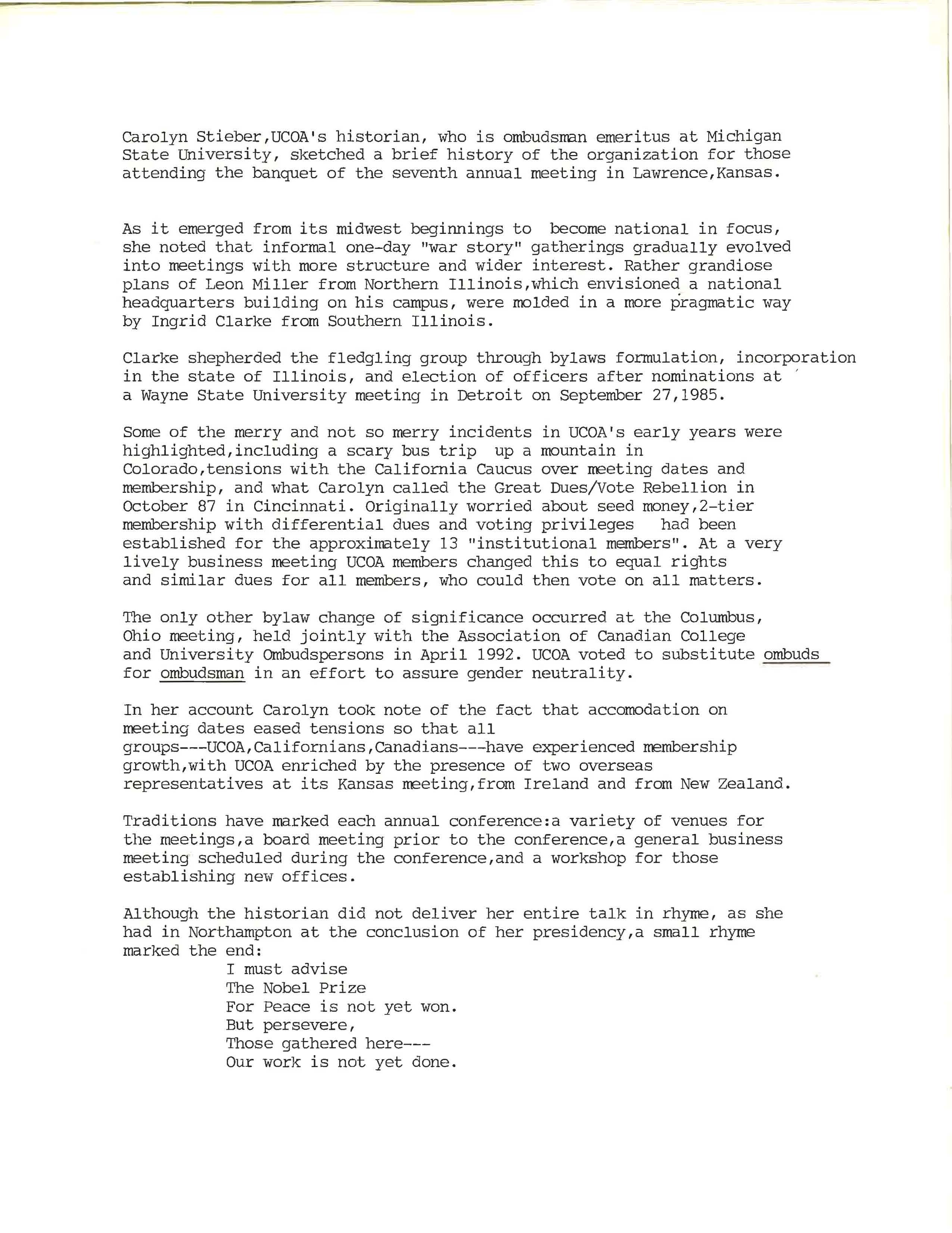 "UCOA's History -- Abbreviated" by Carolyn Stieber, undated