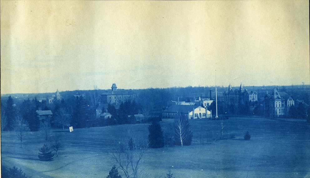 02. Campus view with Williams Hall, Wells Hall (I) Armory and the Botanical Laboratory, circa 1888.