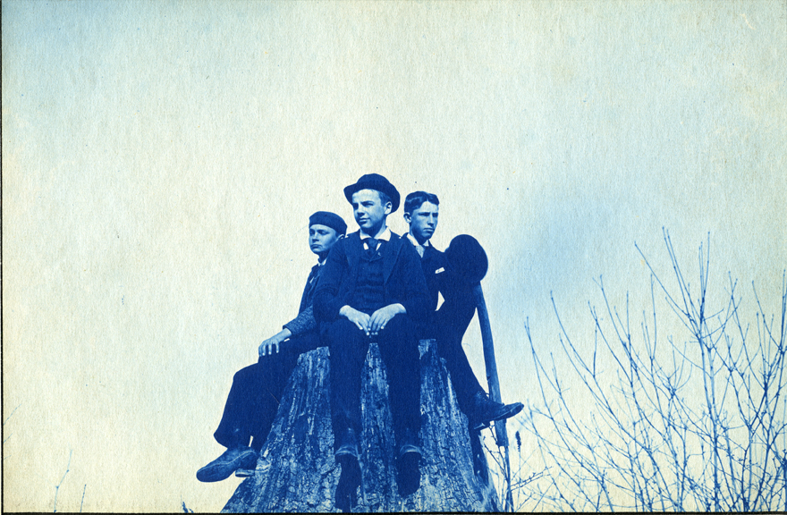36. Three boys sitting on a stump, circa 1888.