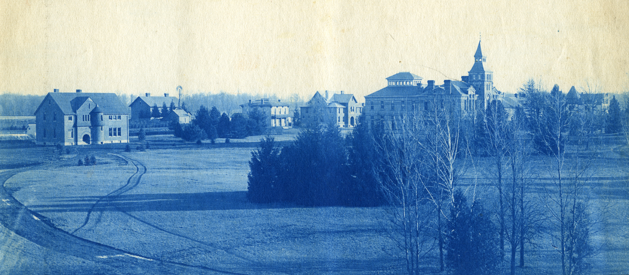 47. Campus with Linton Hall, Horticultural Laboratory (Eustace Cole Hall), and Agricultural Laboratory (Cook Hall), circa 1888.
