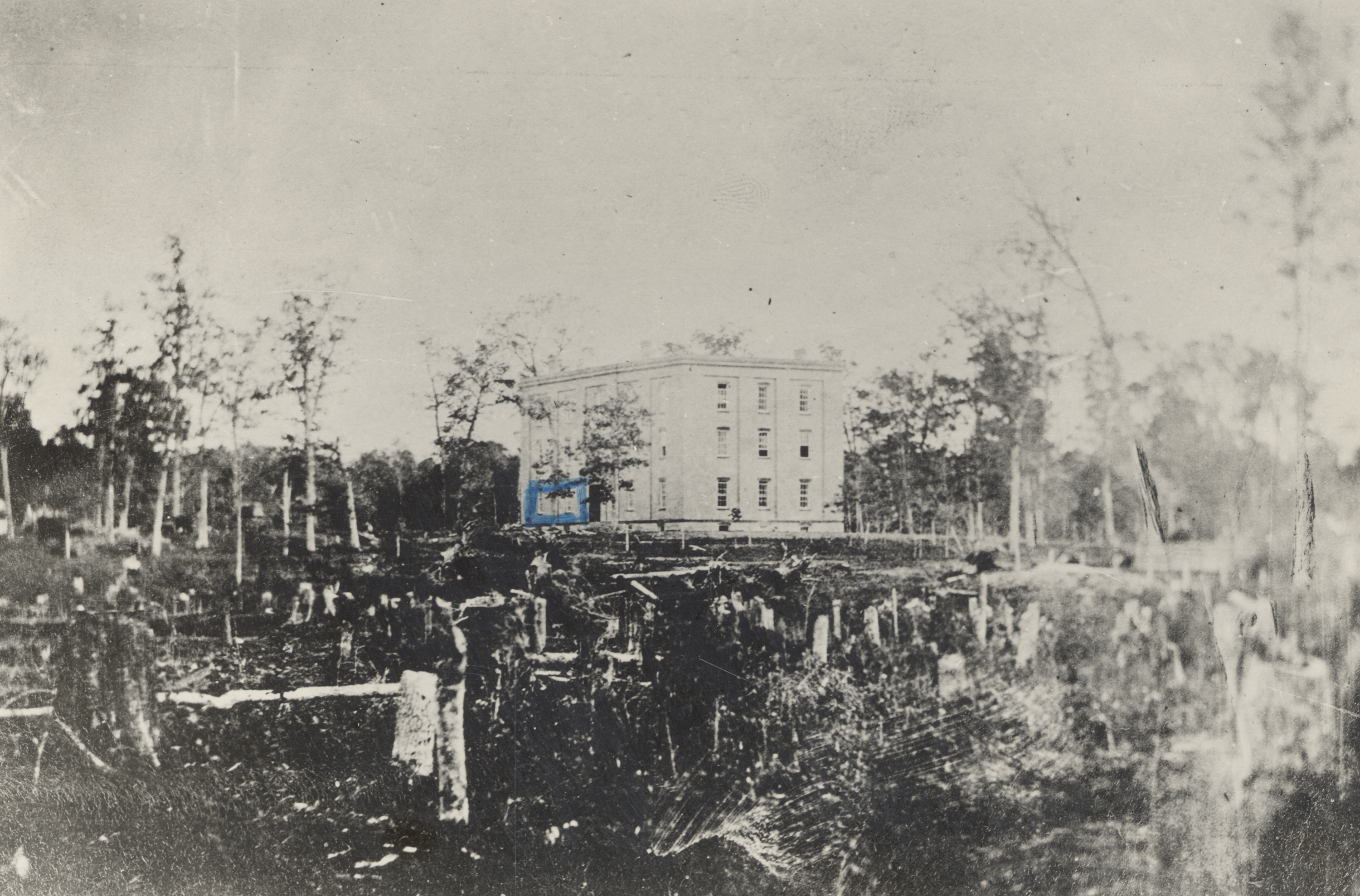 College Hall surrounded by stumps, 1857