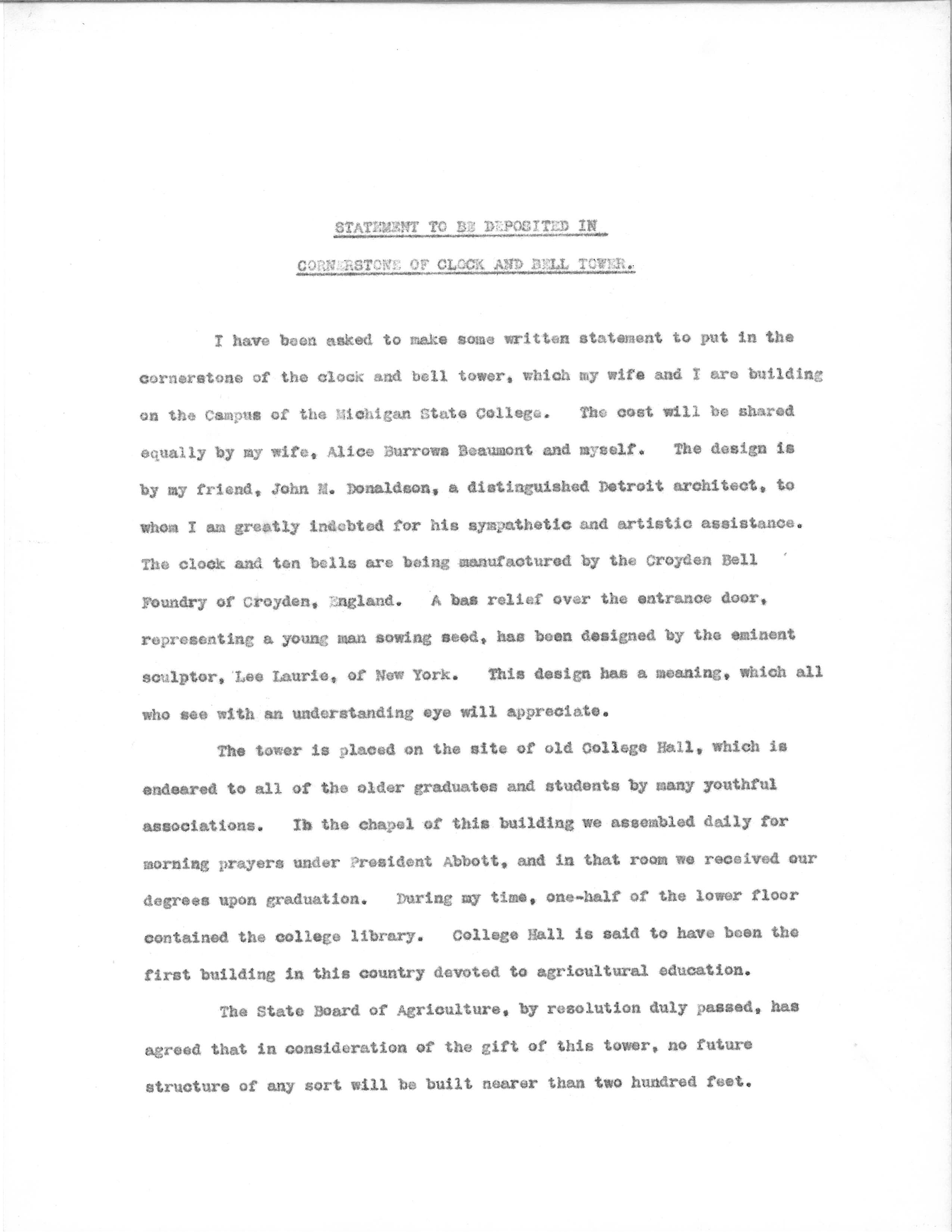 Letter from John Beaumont about the Beaumont Tower Cornerstone, 1928