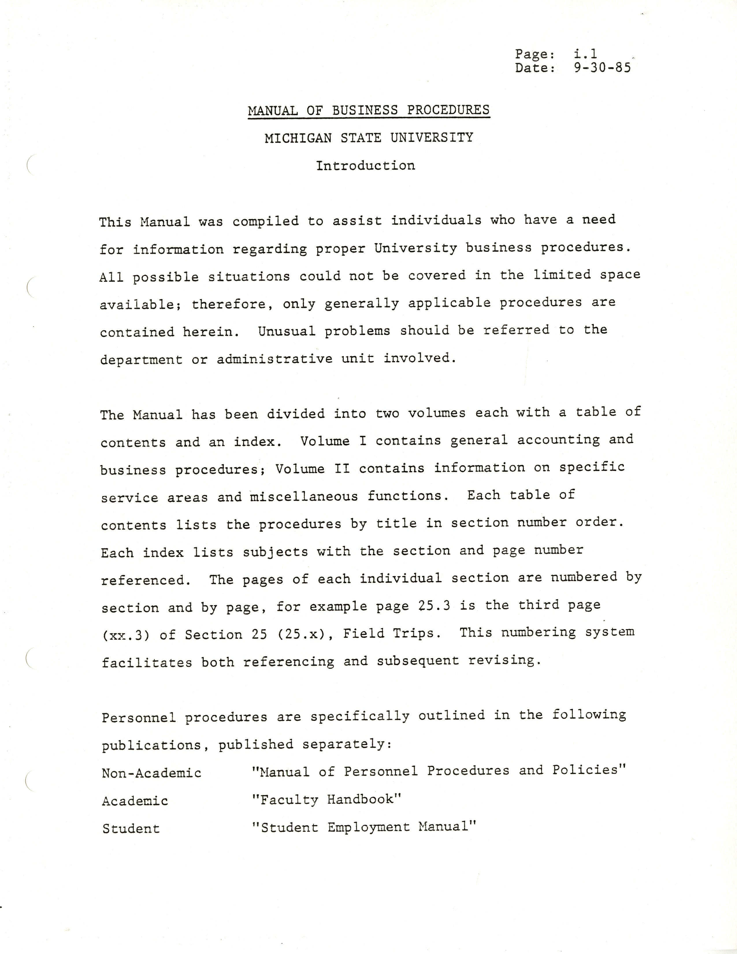 MSU Manual of Business Procedures, 1985