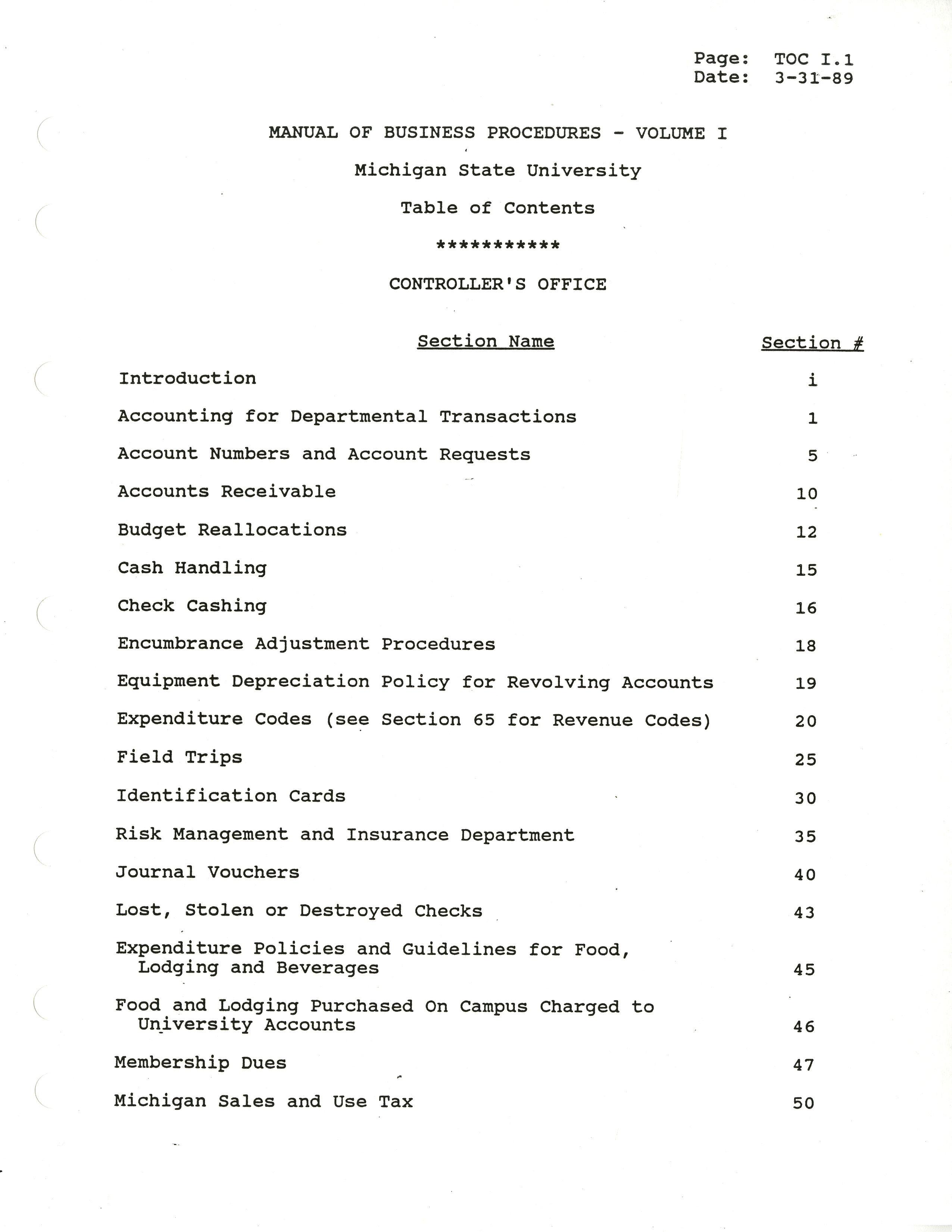 MSU Manual of Business Procedures, 1989