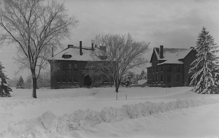 Two buildings on campus during the winter