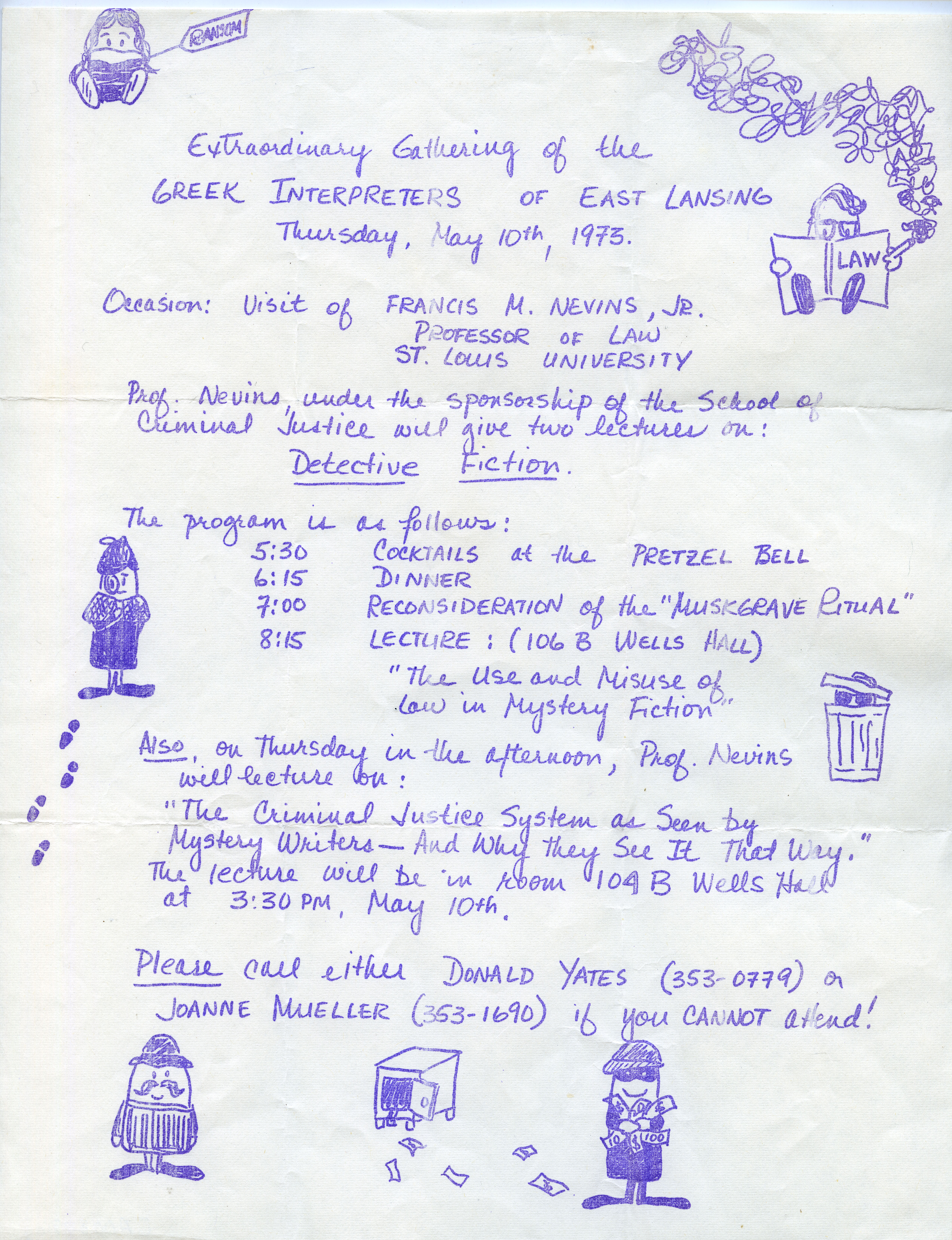 Meeting Announcement for The Greek Interpreters, May 10, 1973