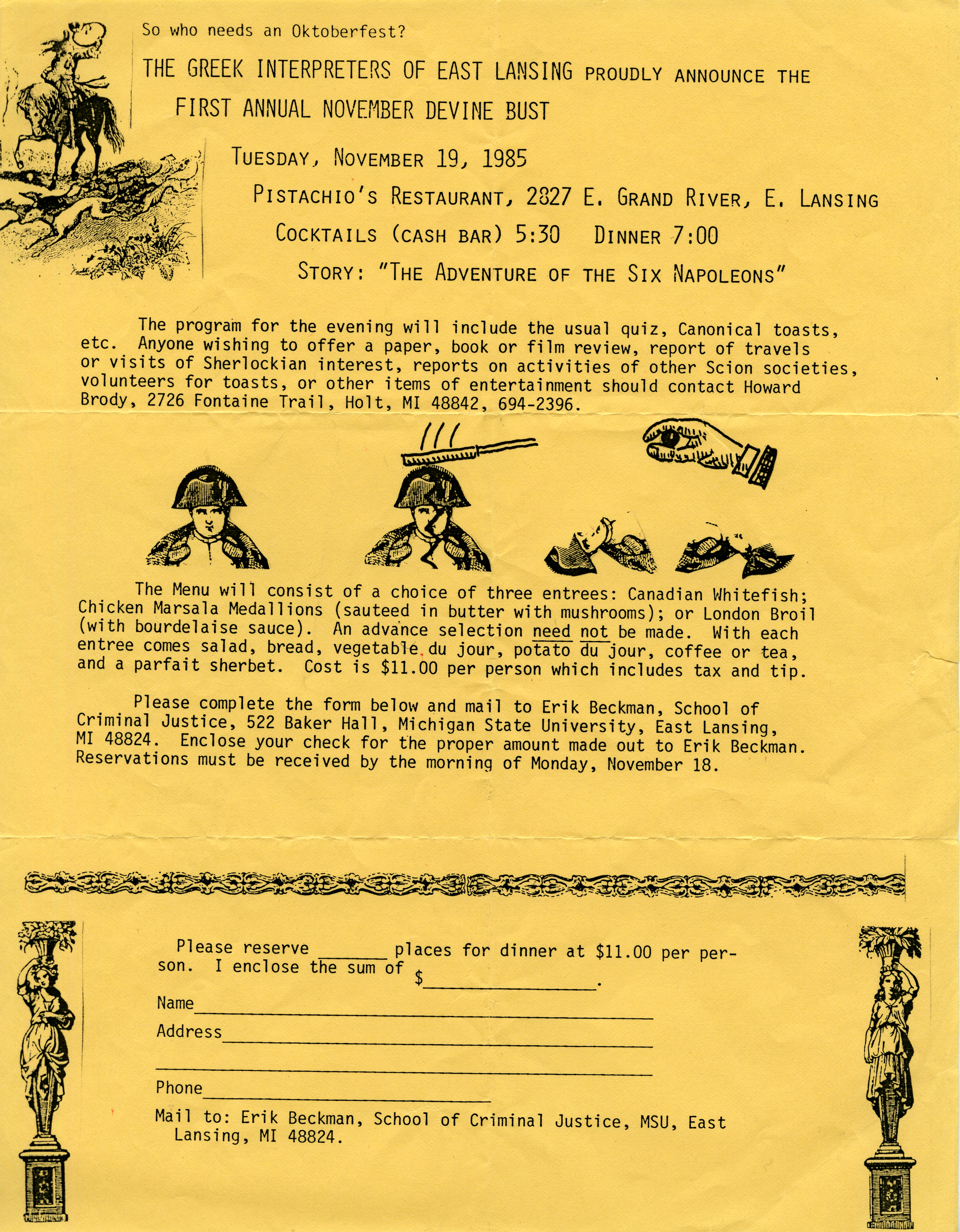 Meeting Announcement for The Greek Interpreters, November 19, 1985