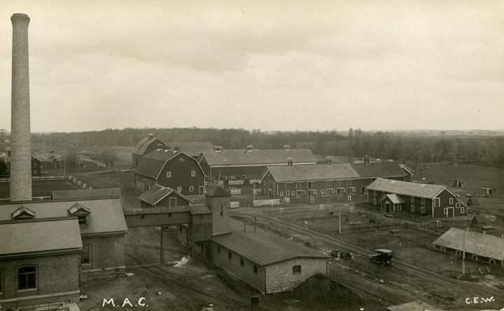 Birds-eye view of M.A.C. farm buildings
