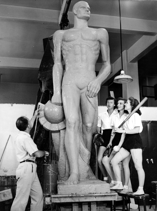 Three Softball Players Check on Sparty's Progress, 1944