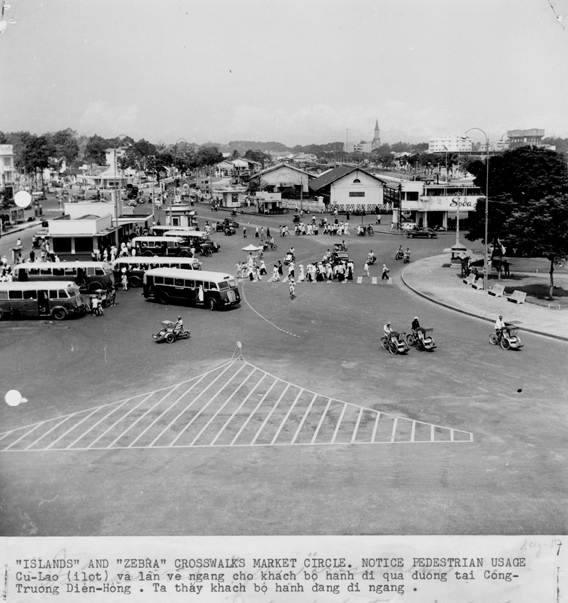 An aerial view of a large traffic circle in Vietnam