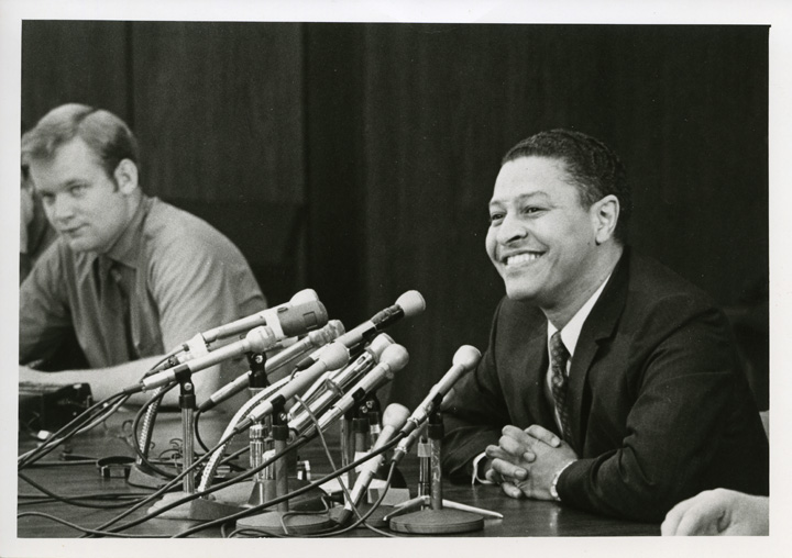 Clifton Wharton at his first press conference, 1969