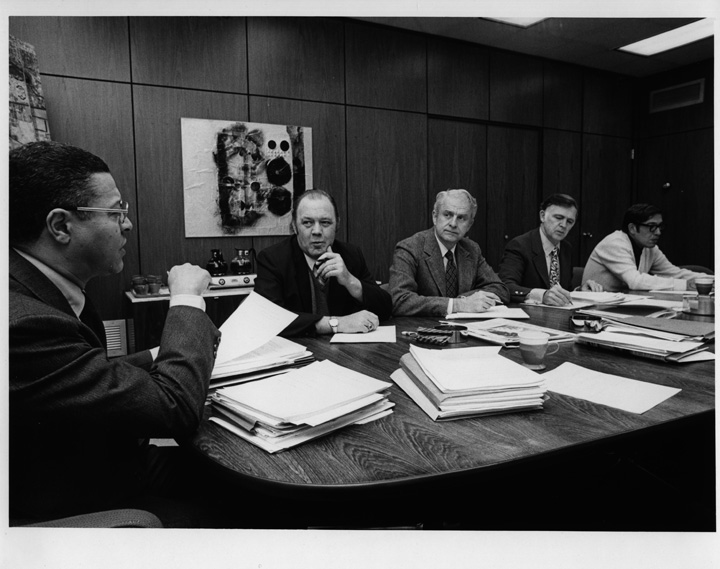 Clifton Wharton speaks with the Executive Group, 1974