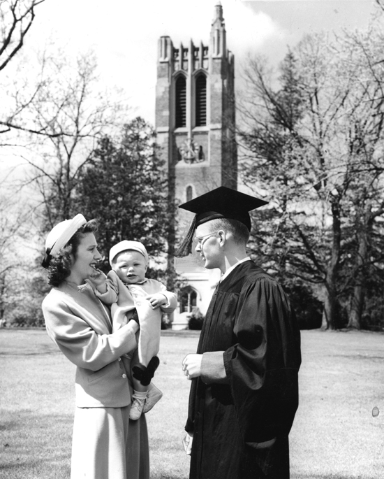 Married family in front of Beaumont Tower