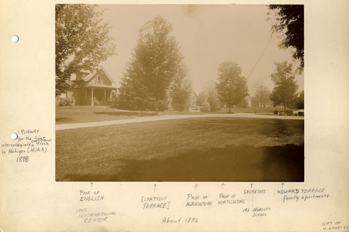 A long shot of several buildings on Faculty Row, 1896