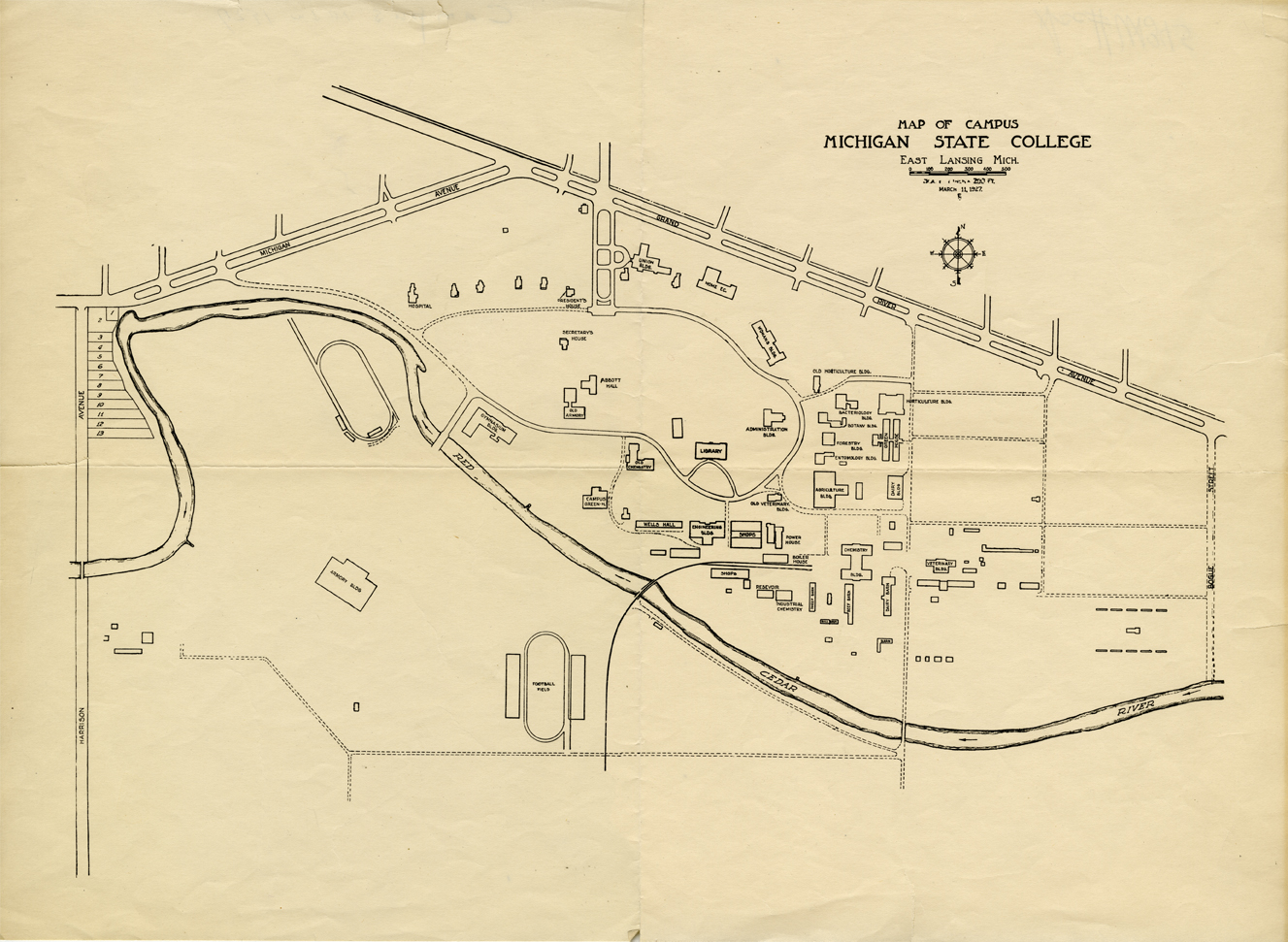 Map of MSU campus and buildings, 1927