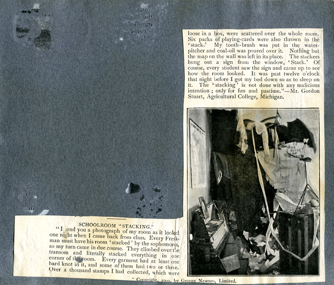 Scrapbook page about room stacking pranks, 1902