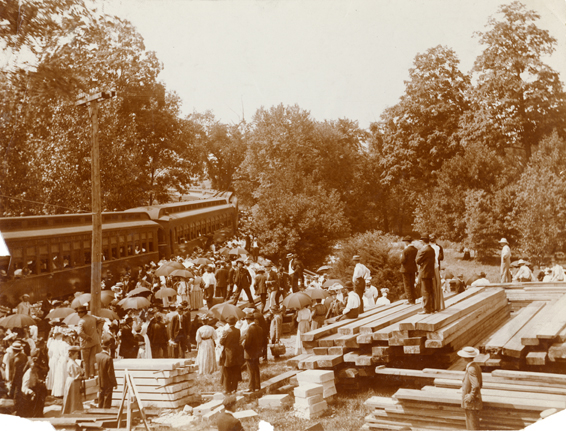 Students watch the arrival of the Excursion Train, date unknown