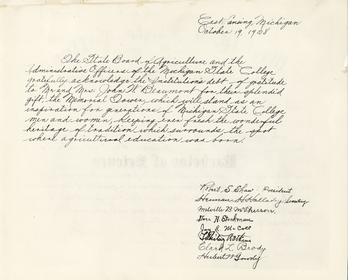Copy of the Beaumont Tower dedication letter, 1929