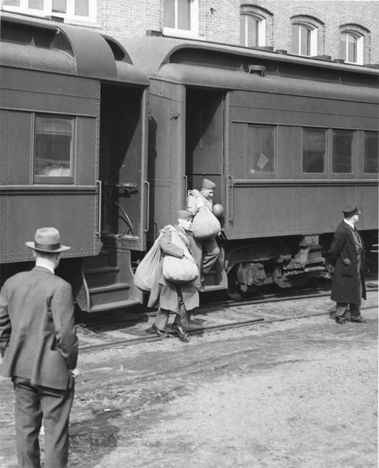 Army trainees at the train station, ca. 1940
