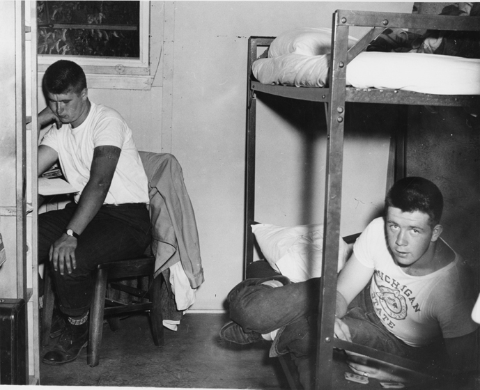 Male students room together in Quonsets, 1946