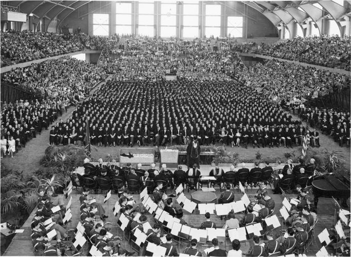 A speaker lectures at commencement, 1947