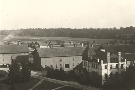 An aerial view of the Vet Lab and barns, date unknown