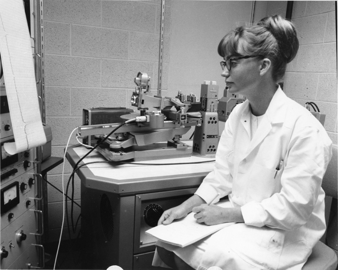 Marsha Marshall works on a canine leukemia project,date unknown